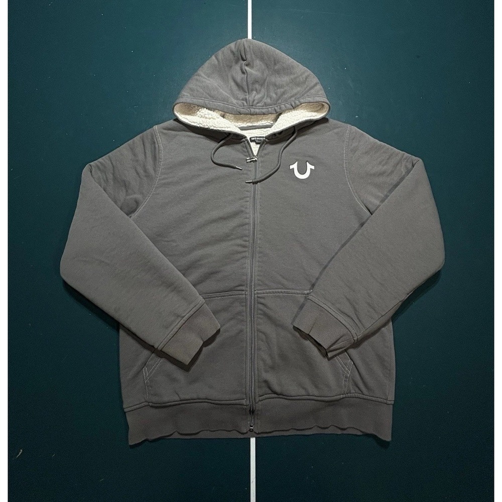 True Religion‎ Buddha Sherpa Lined Full Zip Hoodie Sweatshirt Men's Large Gray